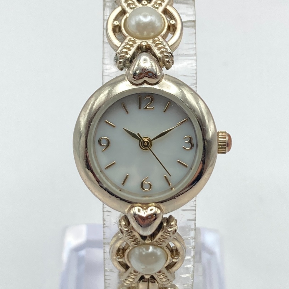 Faux Pearl Watch Women 22mm MOP Dial Hearts Gold Tone Round New Battery 6.25"